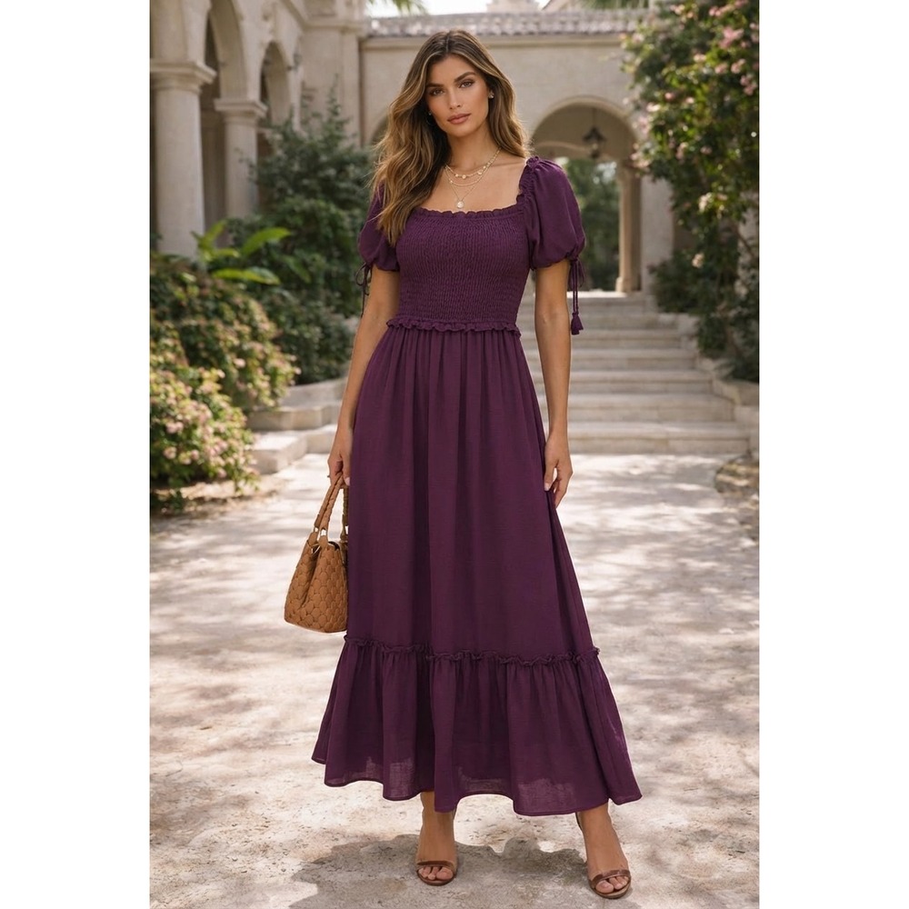 Max Studio Maxi Dress Womens L Purple Boho Cottage Puff Sleeve Tiered Smocked